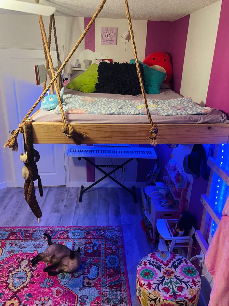 Full size bed with wall ladder intended for children.