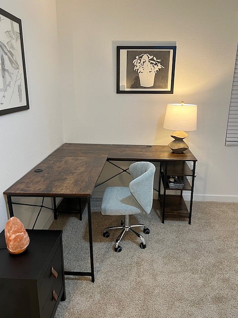 Office Desk/Work Station upstairs. Air mattress in closet for guests.