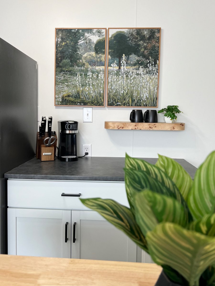 Coffee bar with Keurig. You may also request a coffee maker or French press.