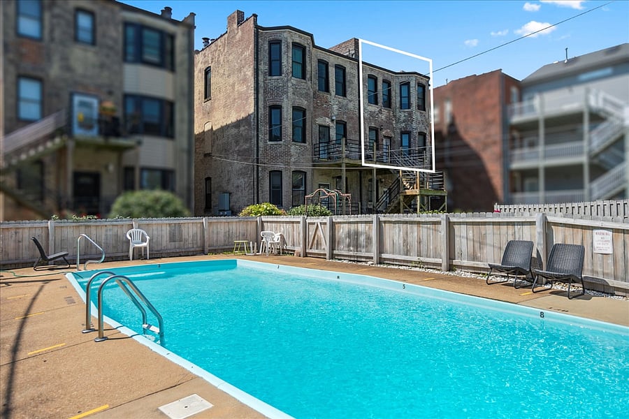 Pool for community use in season. Unit highlighted by white square