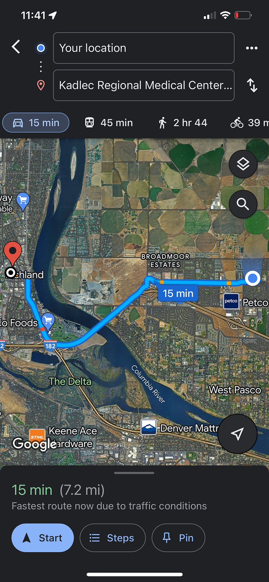 Distance to Kadlec Hospital