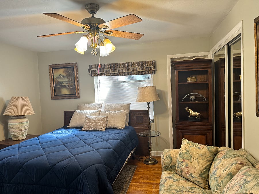 $1,075 a month. Half-Bath Bedroom Suite, with full bathroom, private combination lock, and a small private refrigerator inside of the suite.  Walk-in closet and make-up vanity inside of the master bathroom.