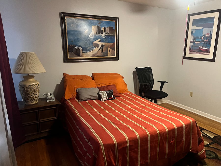 $975 a month, Bedroom with both a full and half size bathroom,  right outside of door. Small private refrigerator inside of bedroom and a private combination lock.