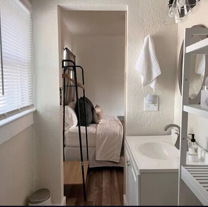 View of sleeping area from bathroom.