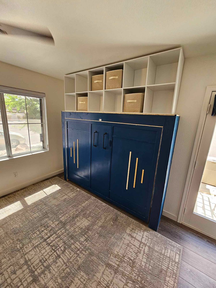 Custom Made Murphy Bed; doubles as accent wall. With overhead movable storage