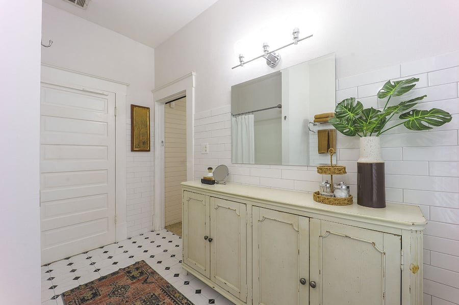 bathroom storage and vanity area - Great lighting!
