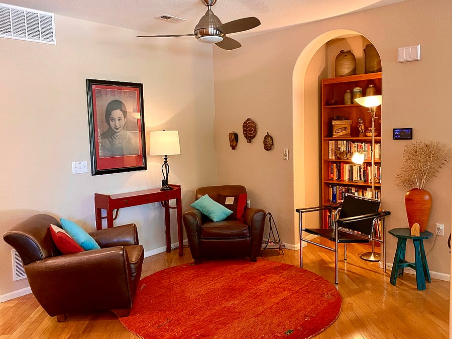A sitting area adjoins the kitchen.