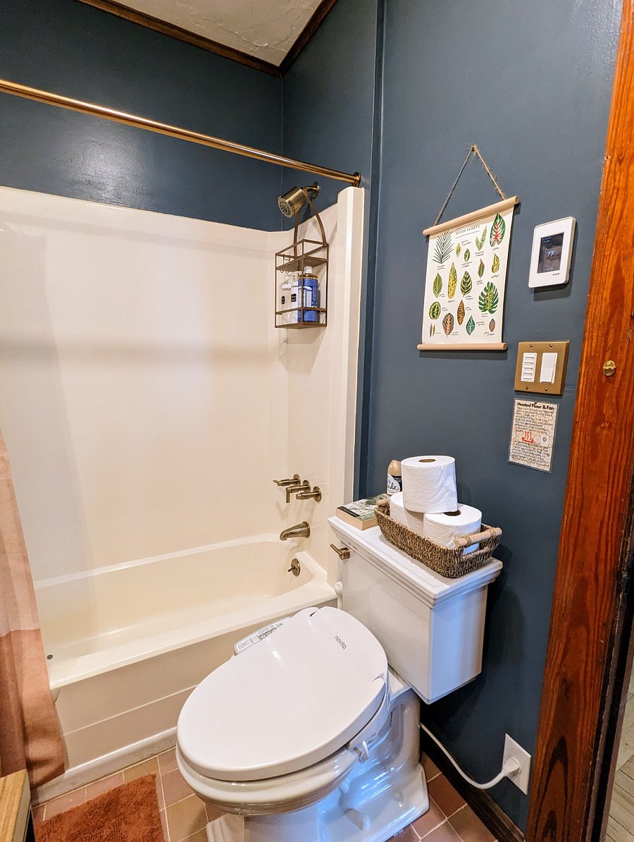 Luxurious bidet and heated toilet seat, full shower and bath with new brass fixtures