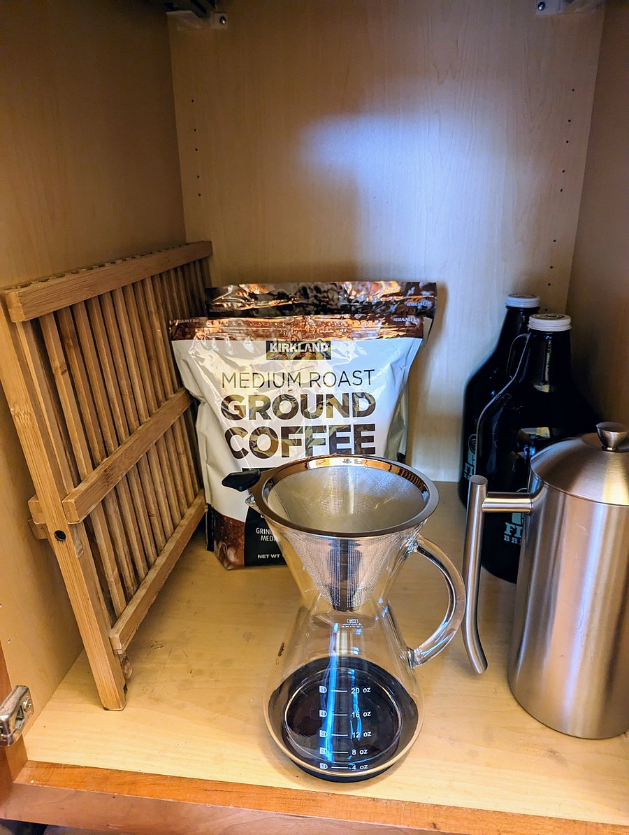 French press, pour over, coffee grounds and Fiddlehead growlers provided.