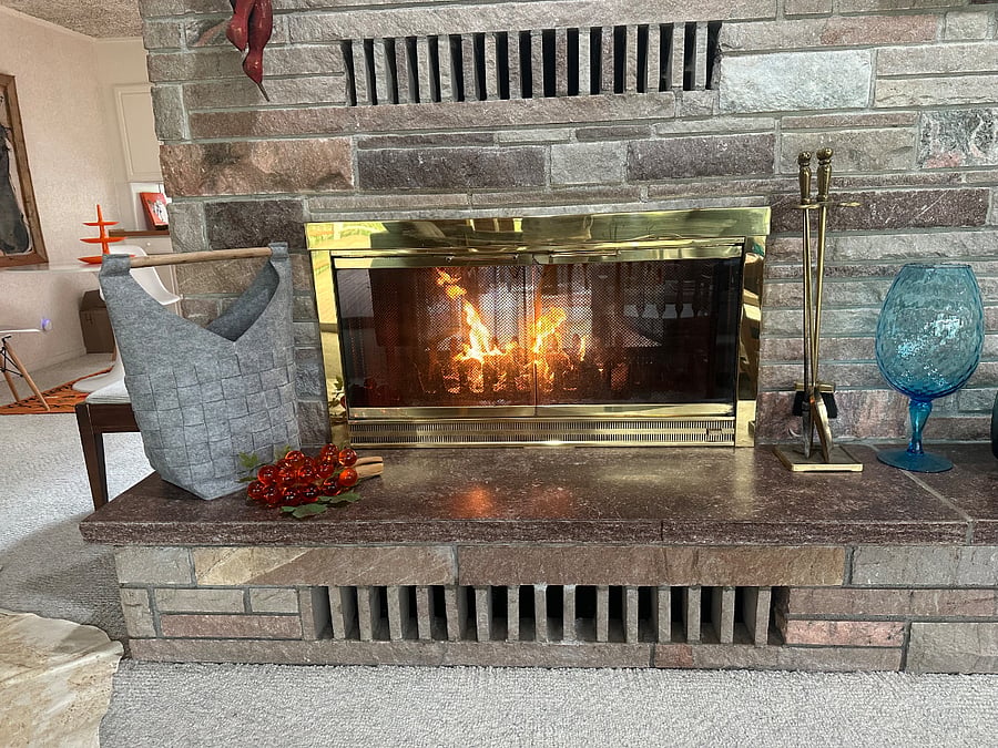 Fireplace separating two living areas.