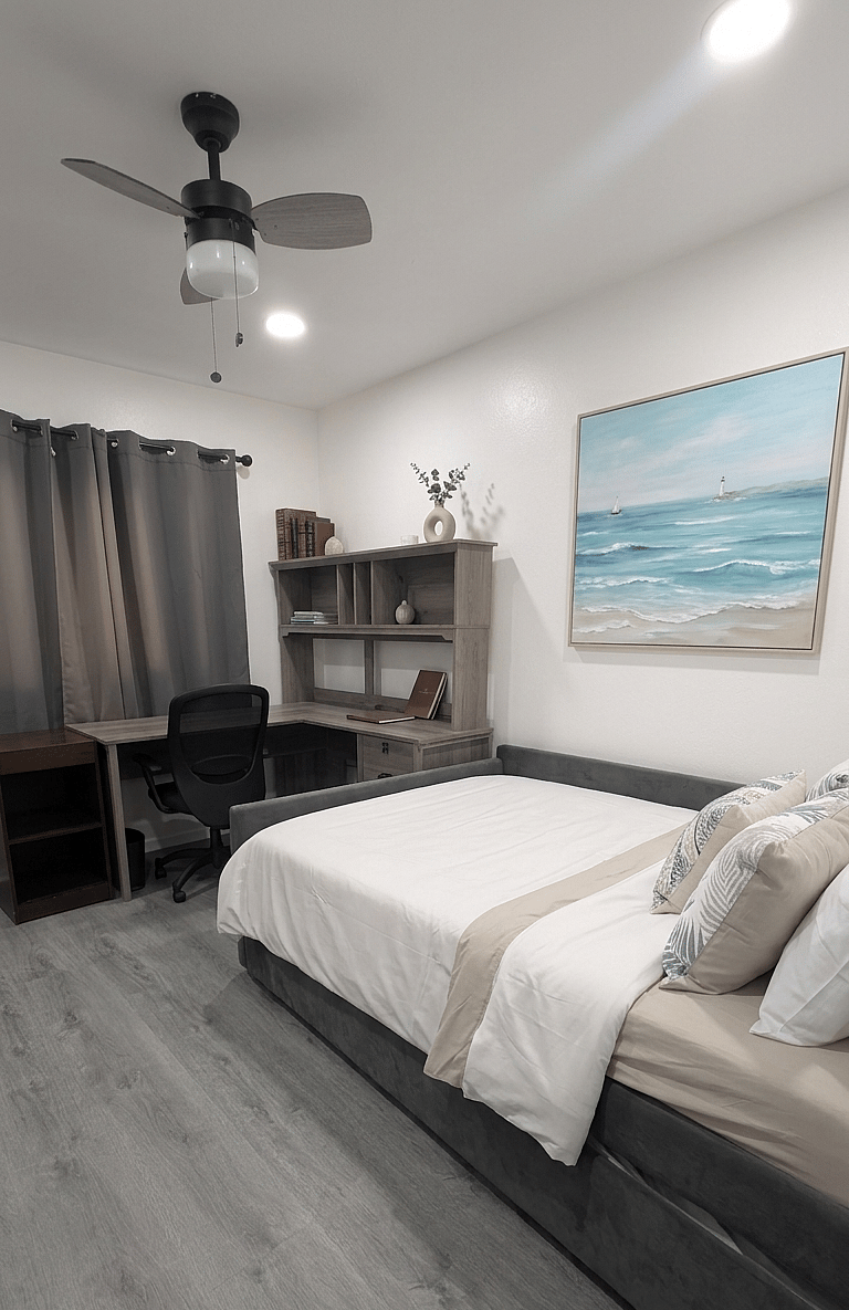 Full sized bed with twin trundle pull out option and desk 