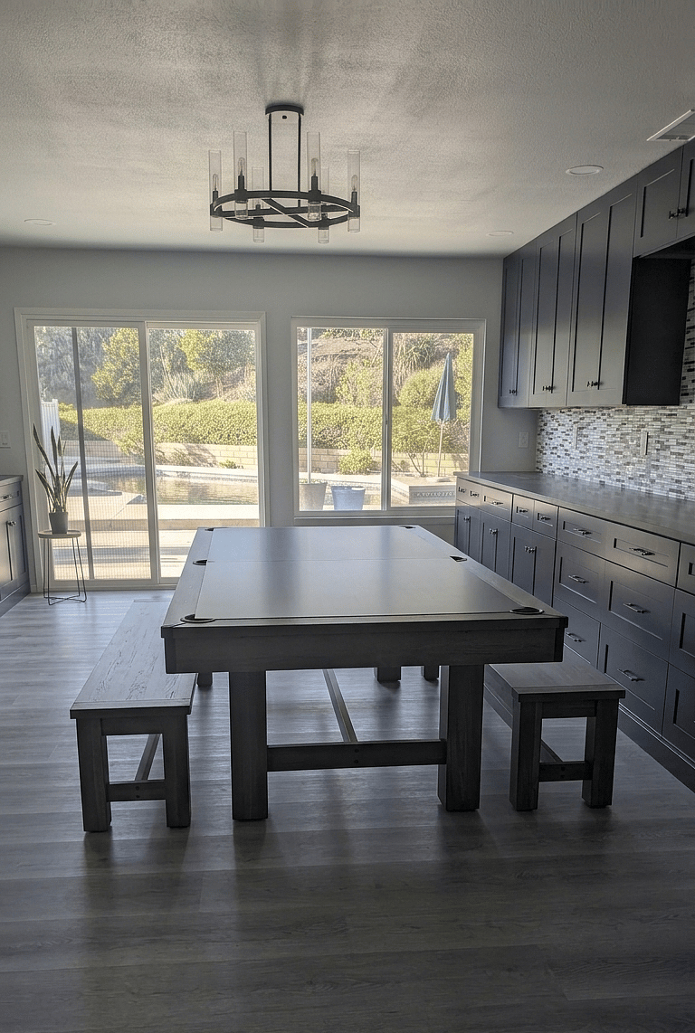 Dining table that converts into a pool table and ping pong table.
