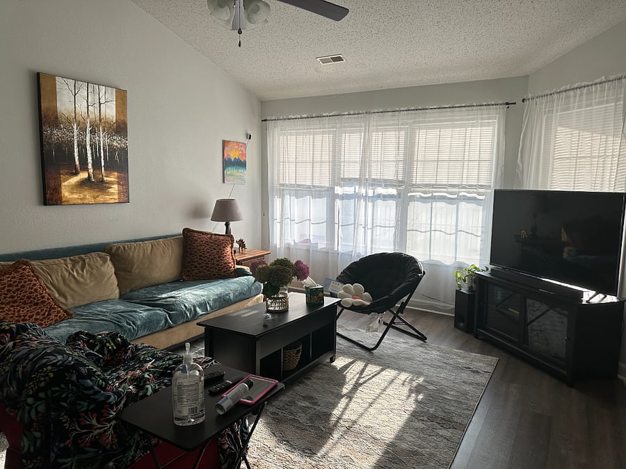 shared space, living room with great sunlight and TV + sound bar