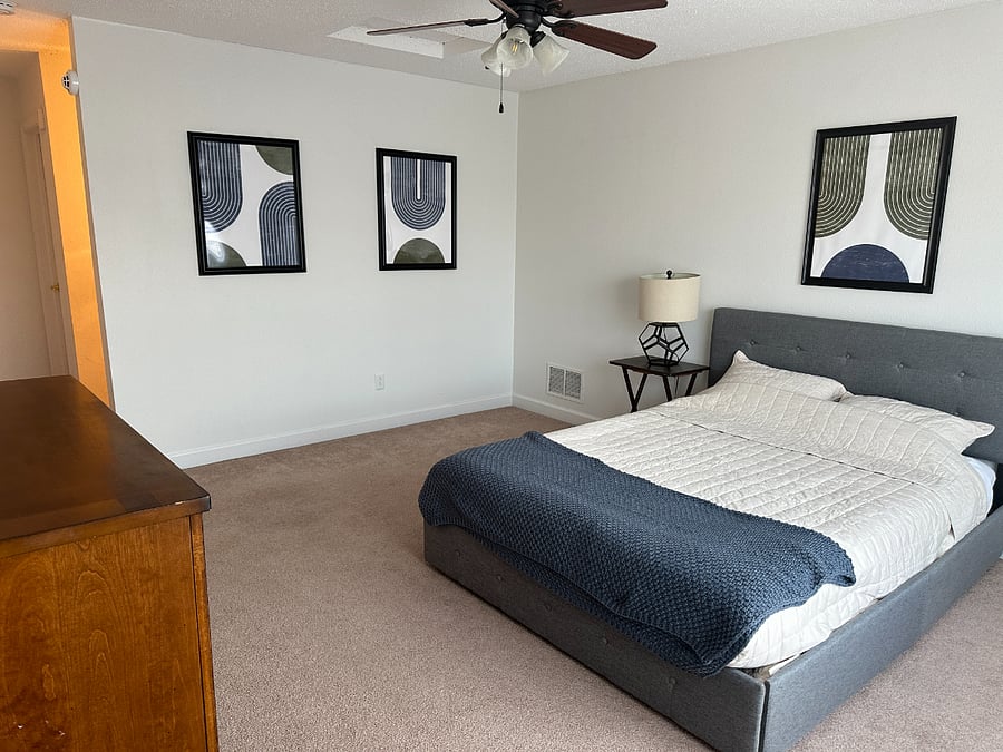 queen bed with dresser and under bed storage (drawers), extra large space can fit a couch or desk.