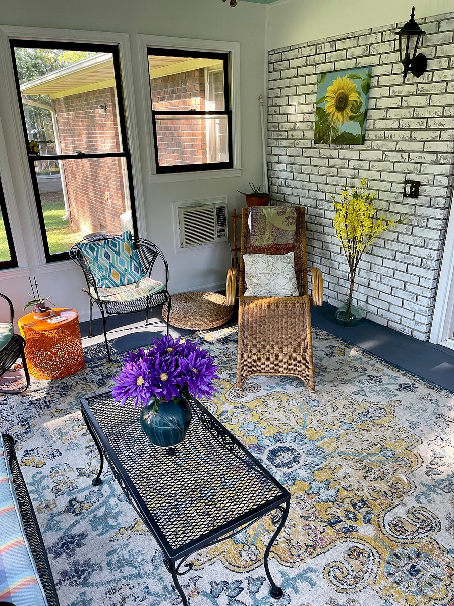 Step into The Sunroom for a quick phone call or FaceTime. Switch on the ceiling fan, and rock away the stress, as you see deer, birds, squirrels, and seasonal hummingbirds, butterflies and buzzing bees. Or, use the vintage dinette and enjoy a quick snack. On extra hot days, get cool using the a/c unit remote. The Sunroom conveniently connects the Den to the Deck, which easily seats 10.
