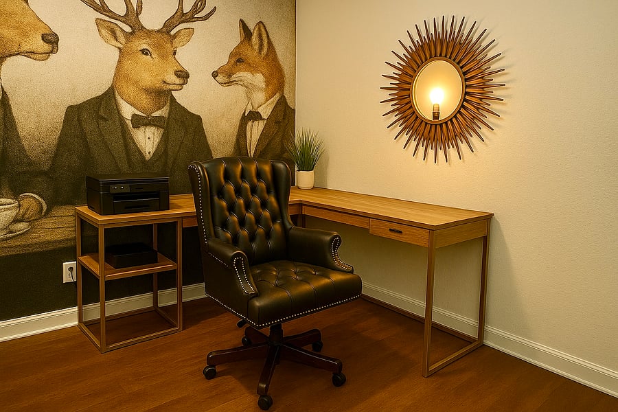 There is a workspace with a printer available.