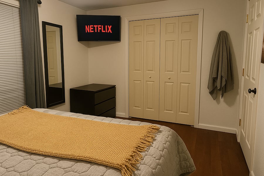 This is bedroom two - with a queen bed, Smart TV, full length mirror and dresser