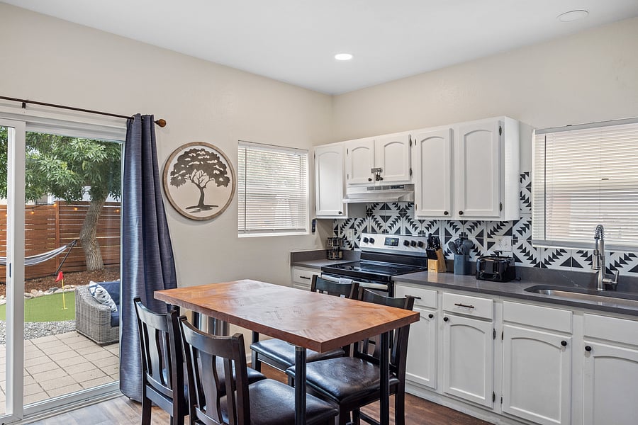 Kitchen with sliders to back yard