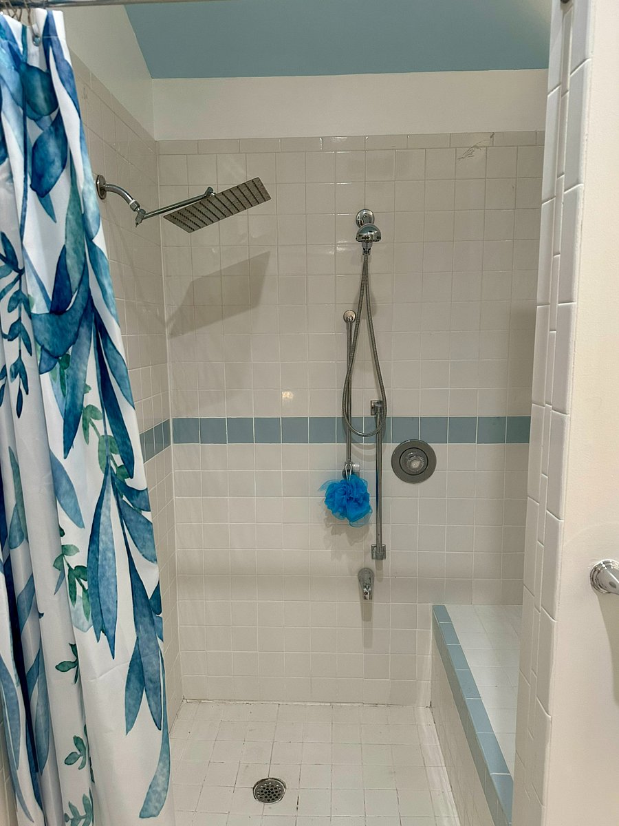 walk-in shower with bench and waterfall showerhead