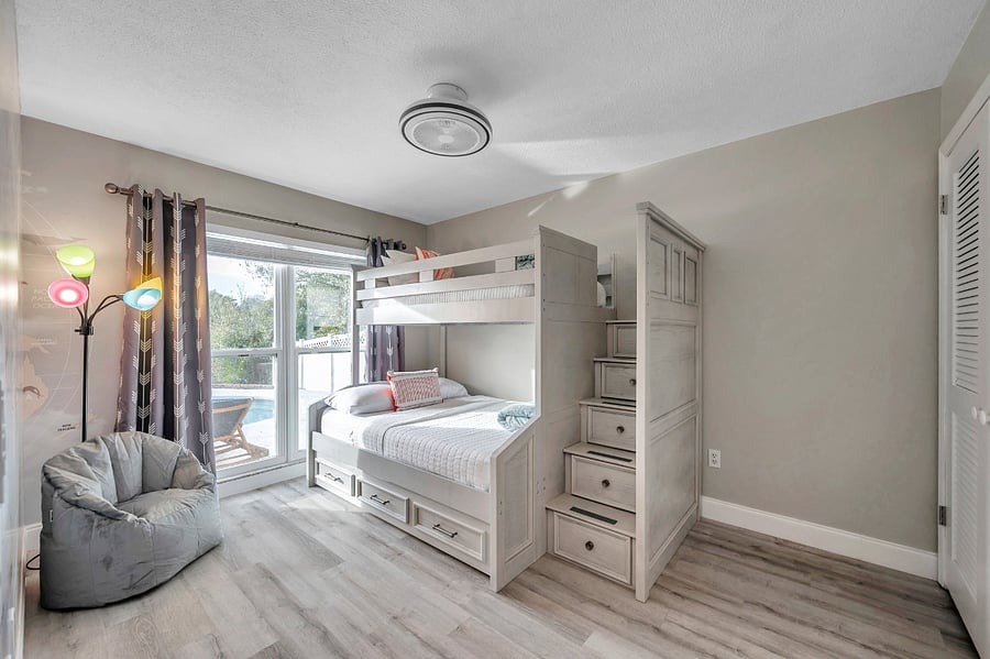 Bedroom 3 w/ bunk beds. Top is a twin, bottom is a full. A twin trundle can also be pulled out on the bottom, making this room able to sleep up to 4 (tightly!).
