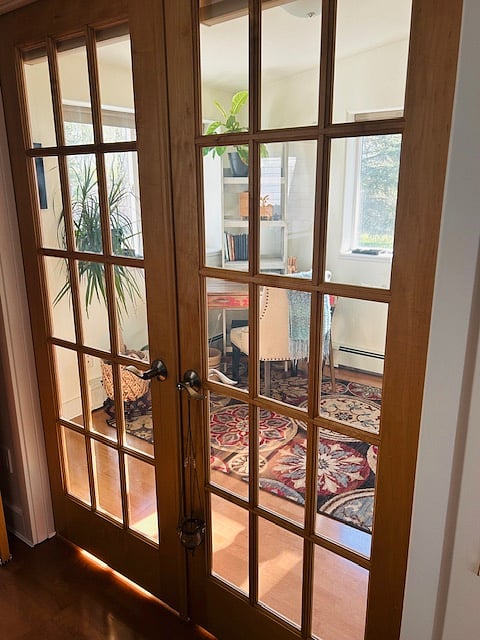 Shades can be used on the glass doors for full privacy.