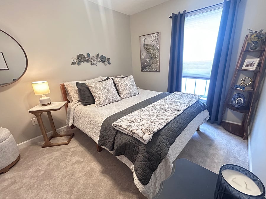 Super comfy mattress & view of hillside from bed. Upstairs on other side of primary bedroom & adjacent to loft can make this feel separate or not.