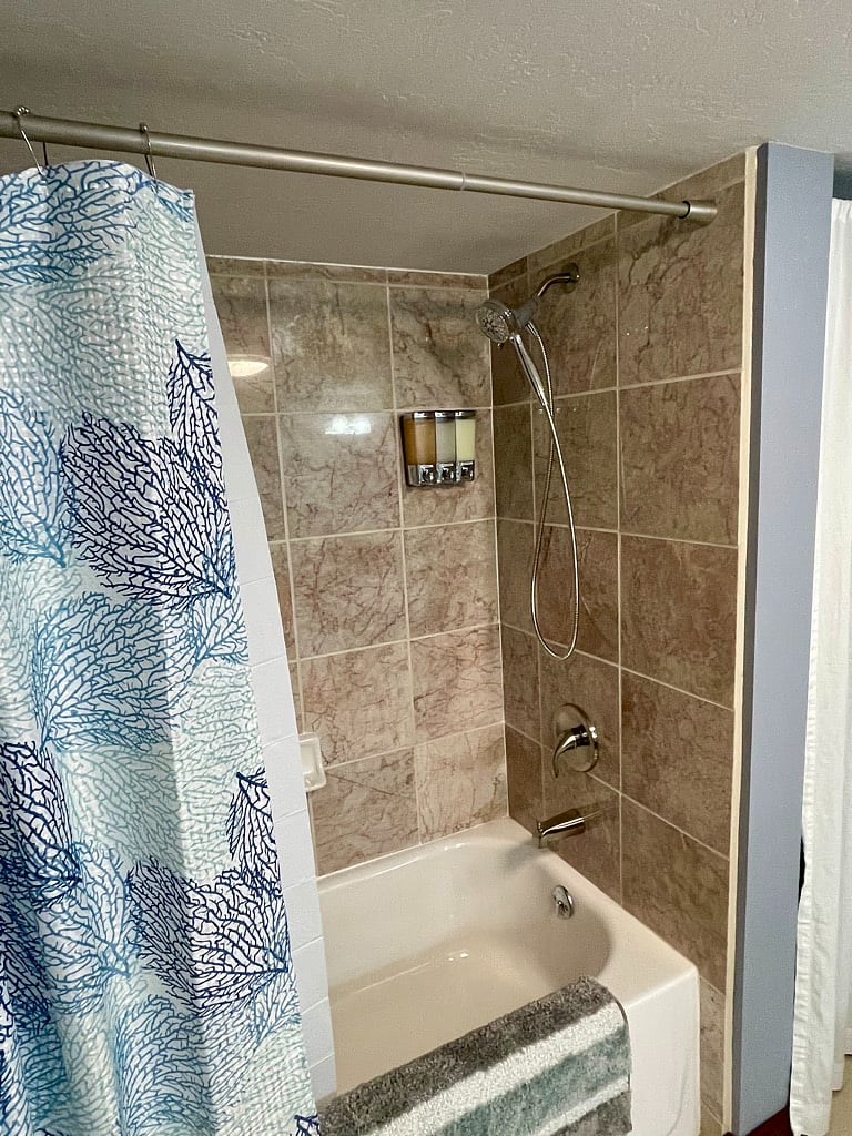 Lower level bathroom shower with bodywash, conditioner, and shampoo.