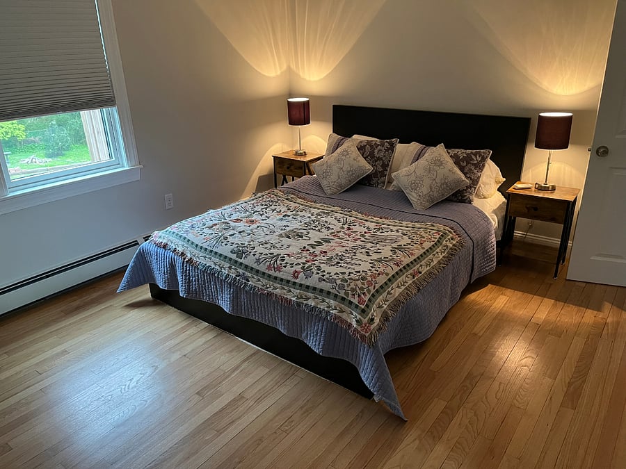 Spacious master bedroom, bathroom and walk in closet with barn door for privacy.