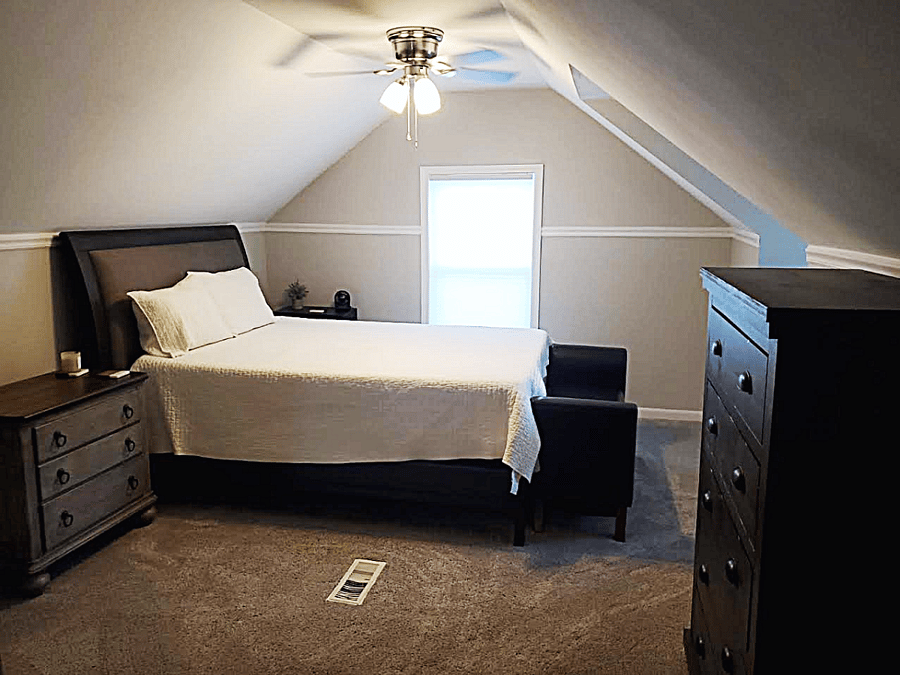 Upstairs bedroom, just down the hall from office space, which overlooks the park.