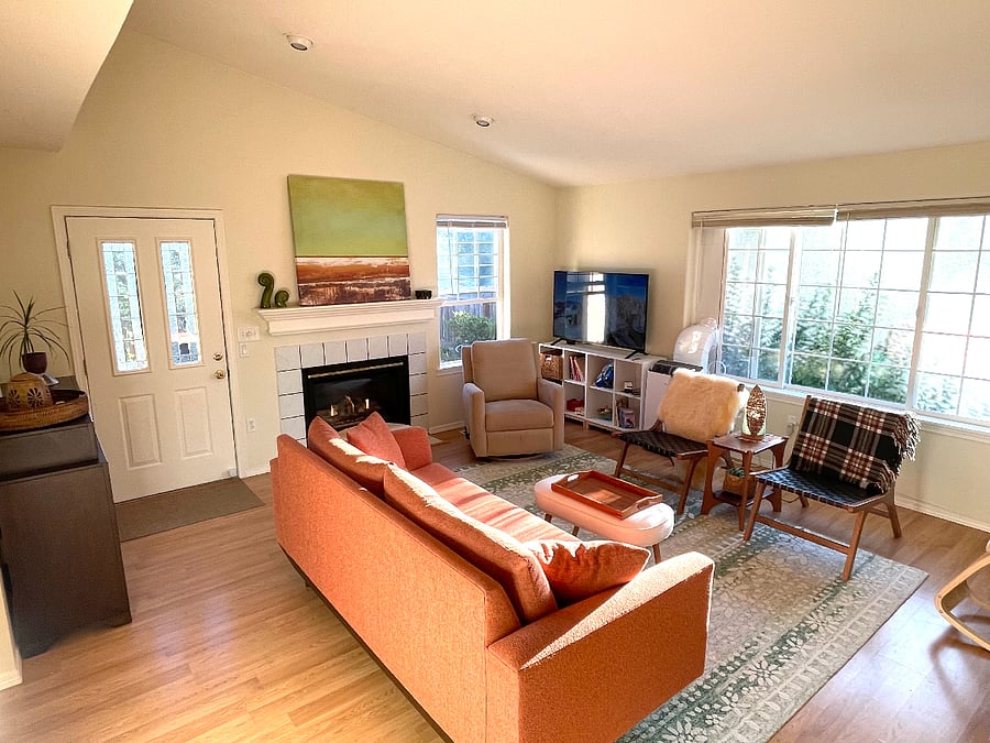 Living Room and back door to fenced yard and gas fireplace.