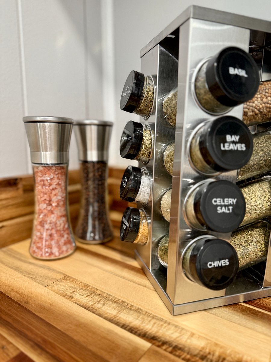 The 16-jar spice rack and beautifully smooth salt and pepper grinders add both convenience and elegance to your kitchen essentials.