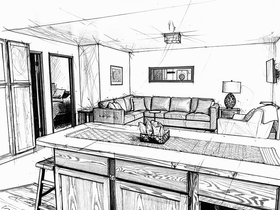 Sketch of the living room as seen from the kitchen, highlighting the leather couch and cheerful cannery artwork that define the suites warm character.