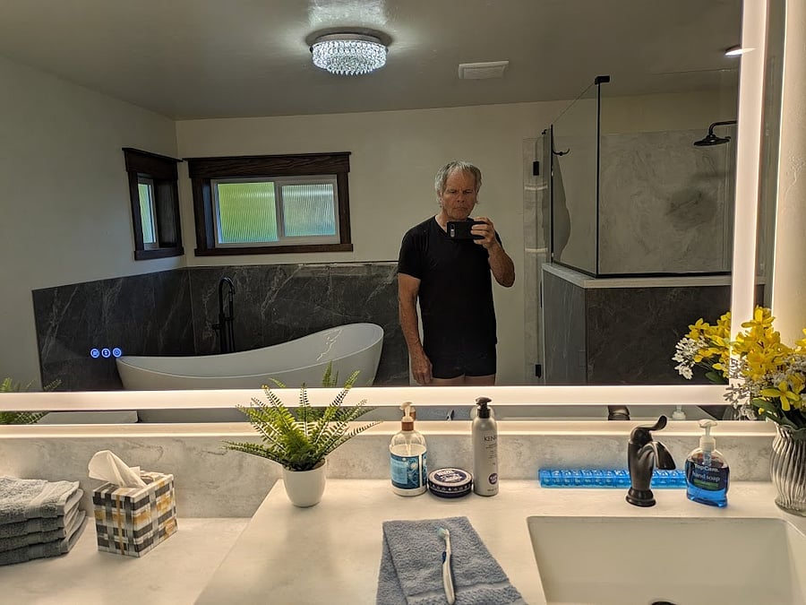 Looking into lighted mirror