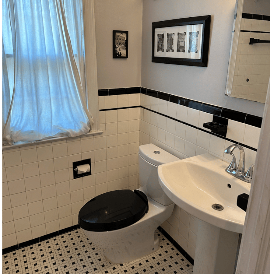 Full shared bath, with shower/tub and fully stocked closet of linens, towels and cleaning supplies
