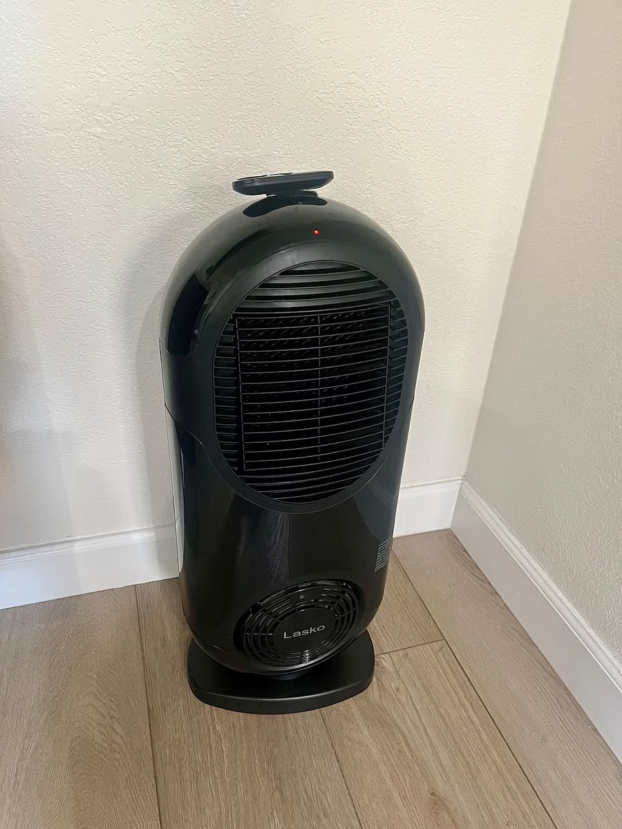 An oscillating heater with a remote control heats the entire unit during the cooler months.