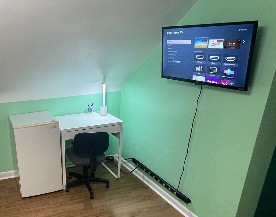 Mini-fridge, workstation, smart TV