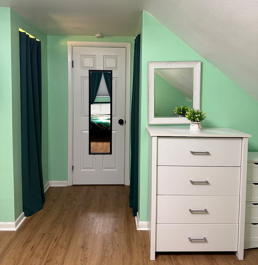 Two closets, dresser, linen cabinet, full-size mirror