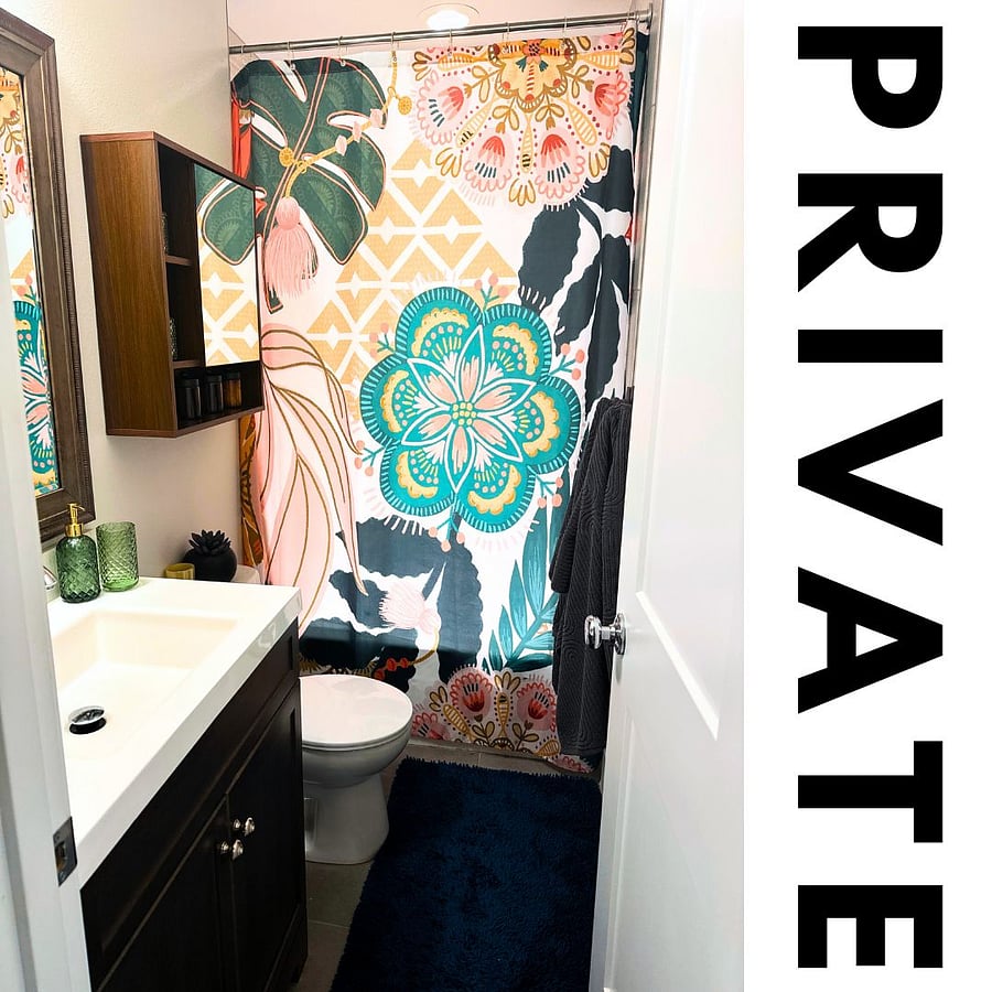 Your own private bathroom is situated directly across from your room. In addition to the new vanity, you'll have plenty of storage and hangers for your items - including a hook for a robe, if that's your thing. 