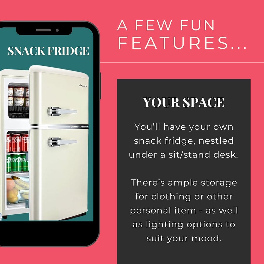 In your private bedroom, you'll have your own vintage style mini-fridge and freezer nestled under a sit/stand desk. There's ample storage for clothing or other personal items - as well as lighting options to suit your mood. Perfect for travel nurse housing in Tacoma, WA and fully furnished corporate housing in Tacoma.