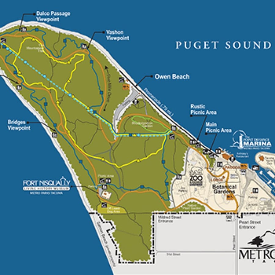 This is a map overview of the Point Defiance State Park, a 5-mile paved walking or bicycle trail through a dense forest. Deer and raccoons are frequently found throughout the park. You'll think you were airlifted into the middle of nowhere. 