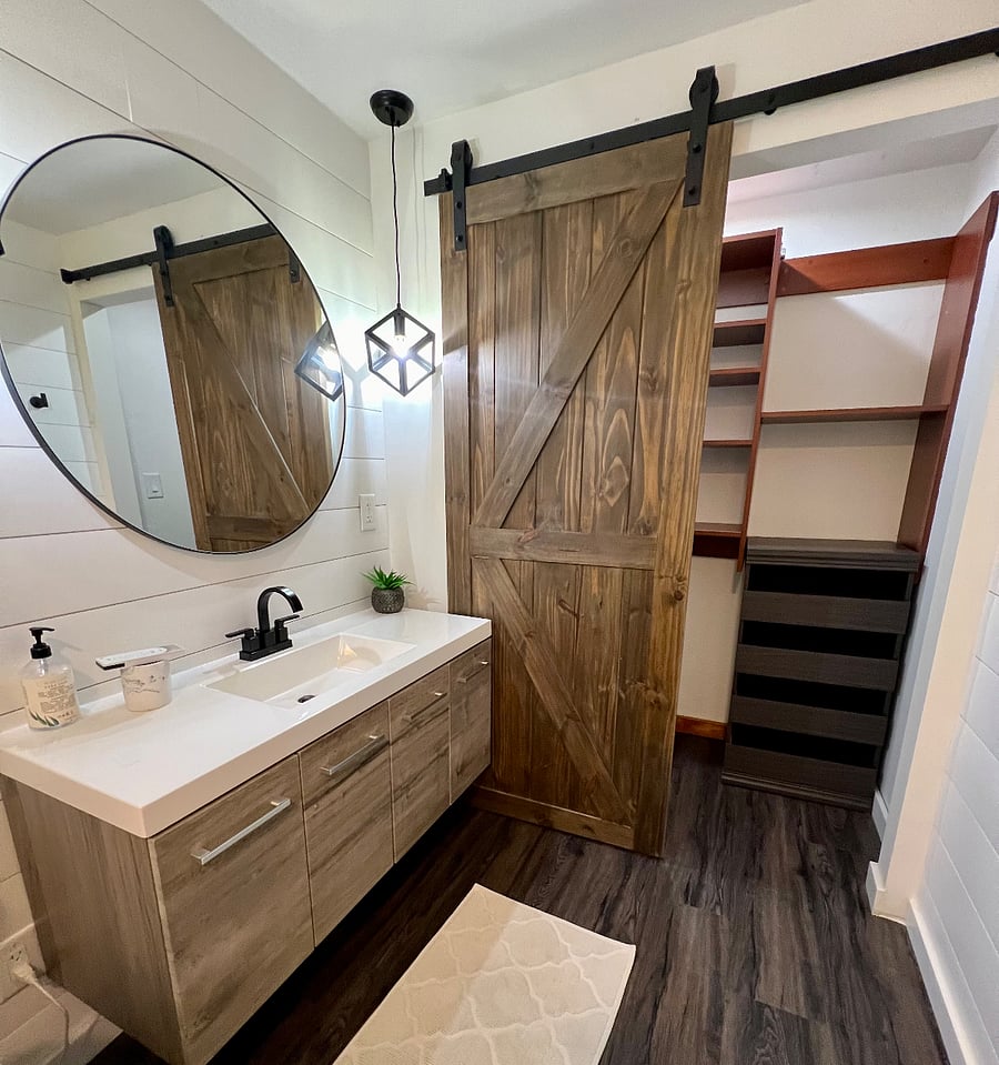 Primary bathroom, rainfall shower, large closet