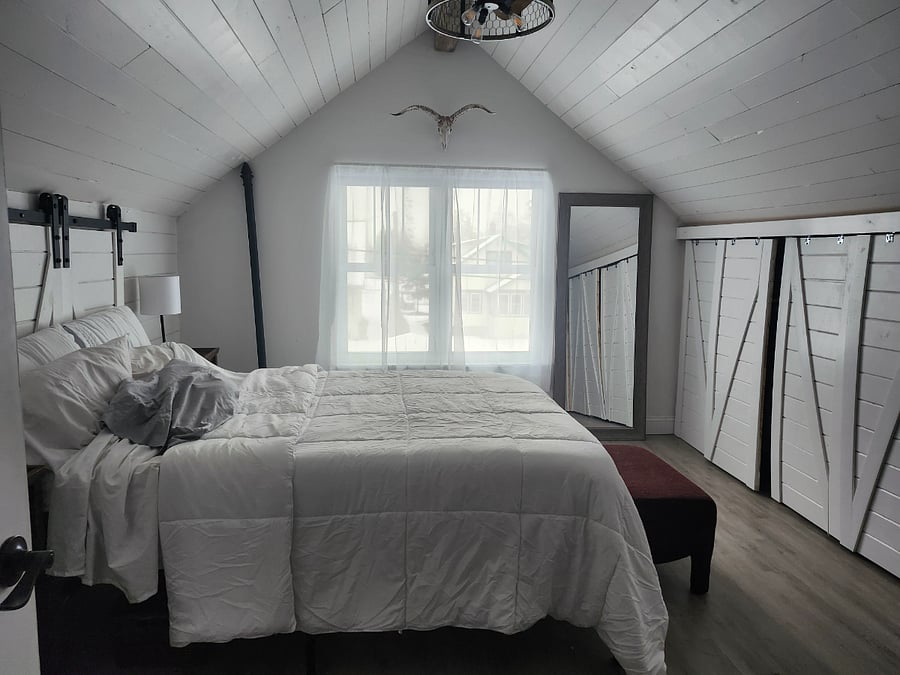Upstairs master bedroom features fire cabinet plenty of closers
