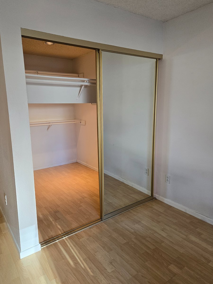 Walk-in closet has access from side door as well as sliding-mirror door.