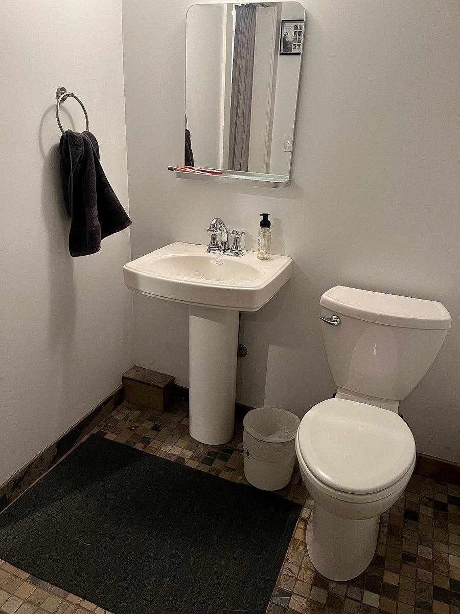 Basement level slate tile bathroom