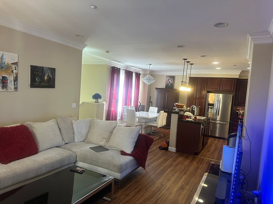 Open space view of living room + dining room + kitchen