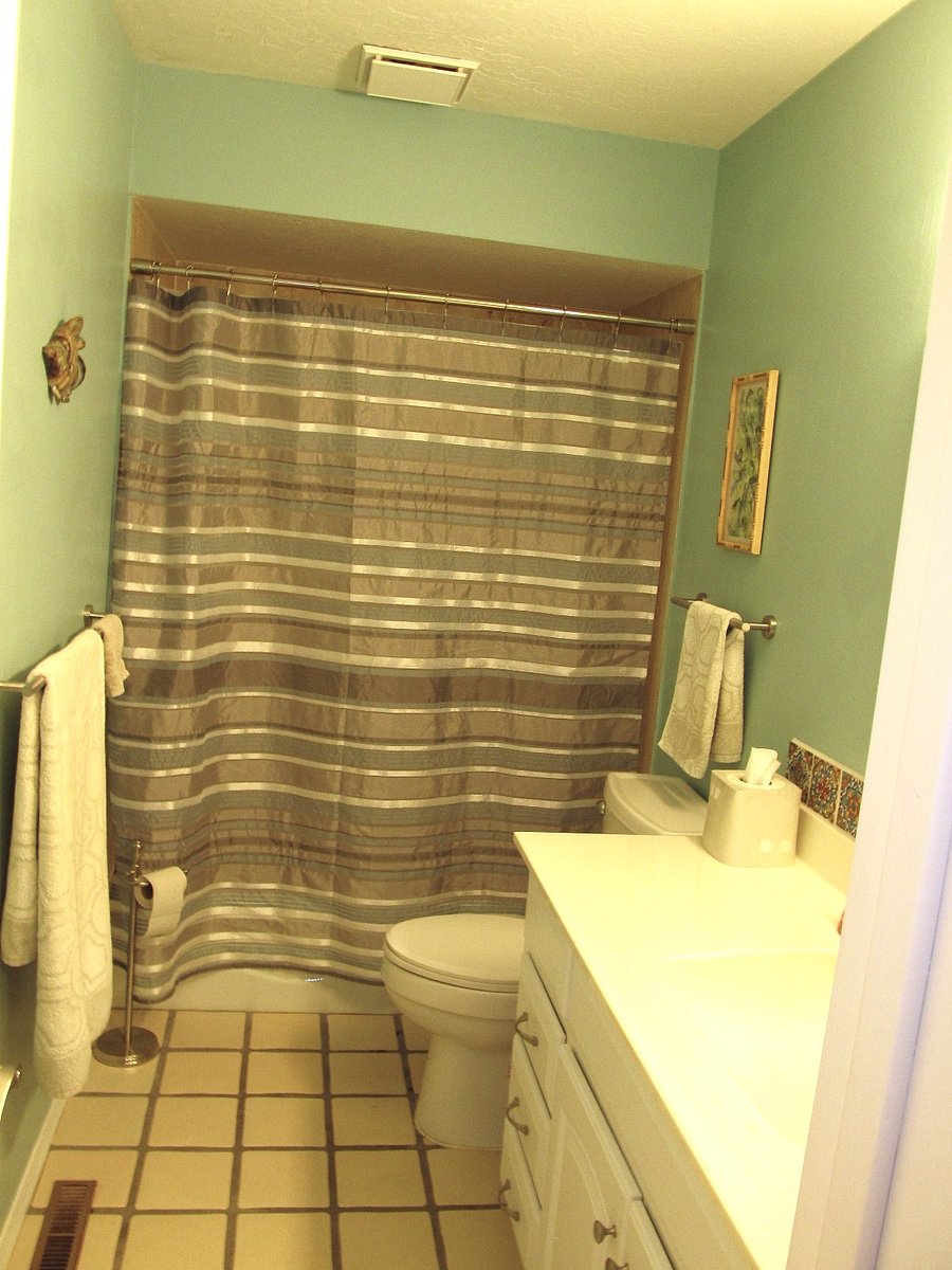Full tub/shower combination. Right height toilet, soft close lid.