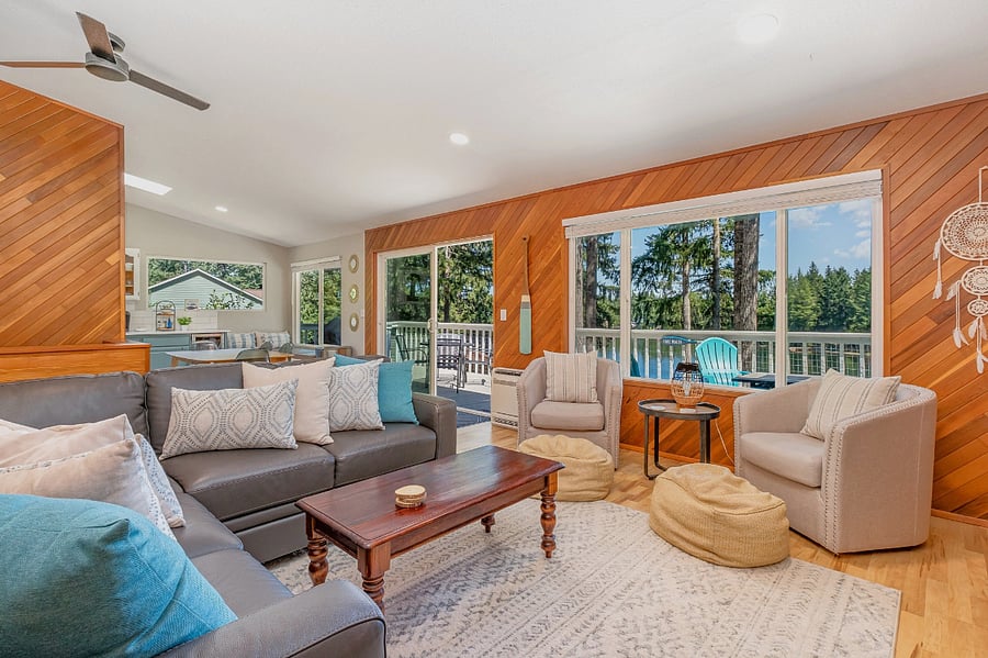 Great room on main floor with a wall of windows!