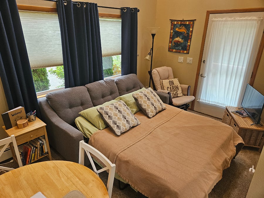 The full size sofa couch in the living room, available for visitors