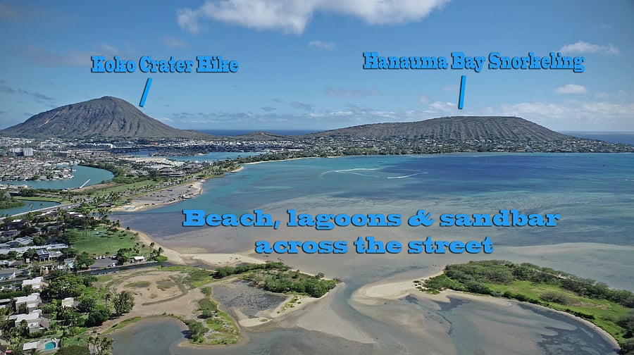 This is the beach, lagoons and sandbar that are located across the street from our cottage. Fun for exploring. 1 mile up the road are world famous Hanauma Bay for snorkeling and Koko Crater for hiking
