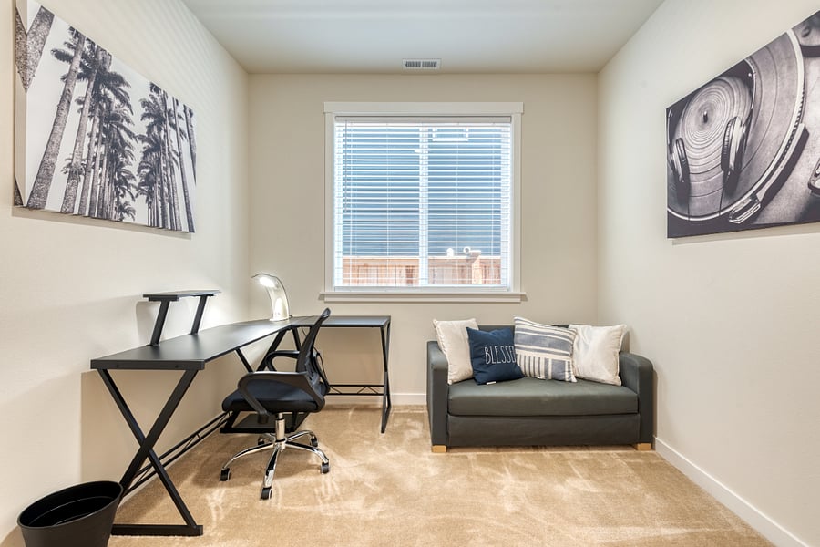 Private Office downstairs with its own separate room with doors. Can also be used as a bedroom since the chair/couch can fold out into a twin bed.